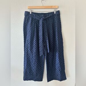 J Crew Navy Blue Wide Leg Eyelet Tie Waist Pants